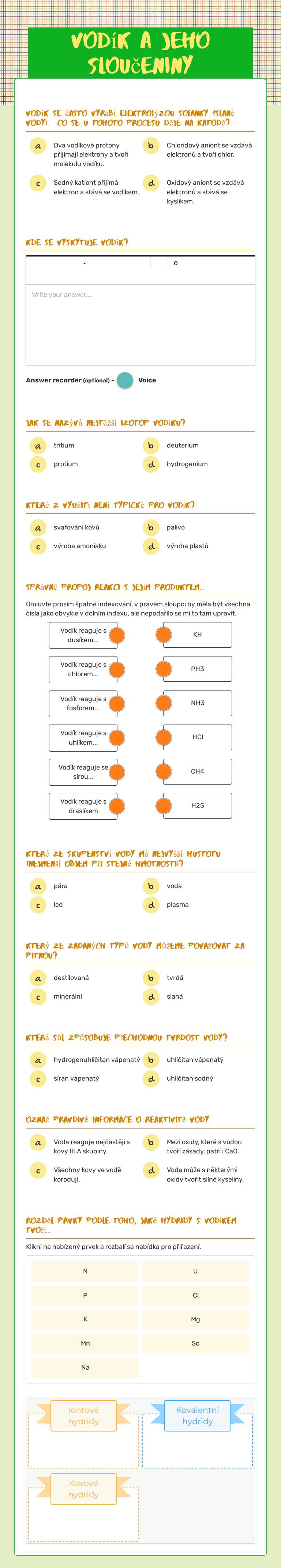 Vodík  a jeho sloučeniny worksheet preview image