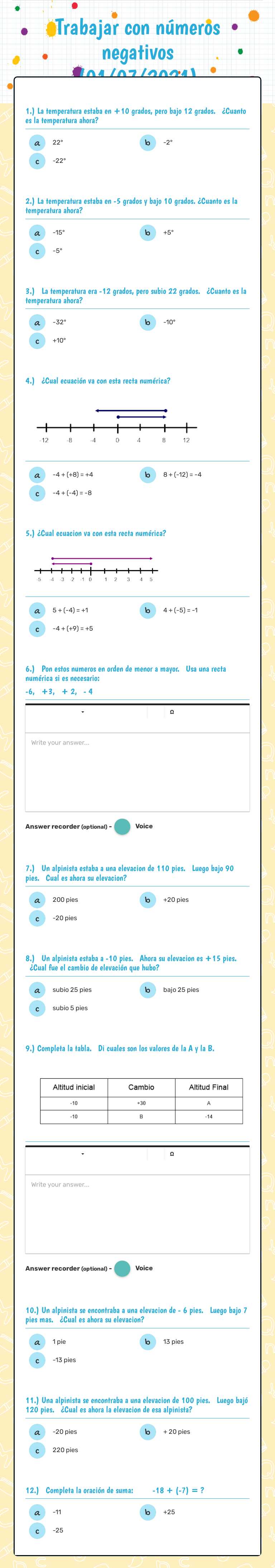 Trabajar con números negativos  (01/07/2021) worksheet preview image