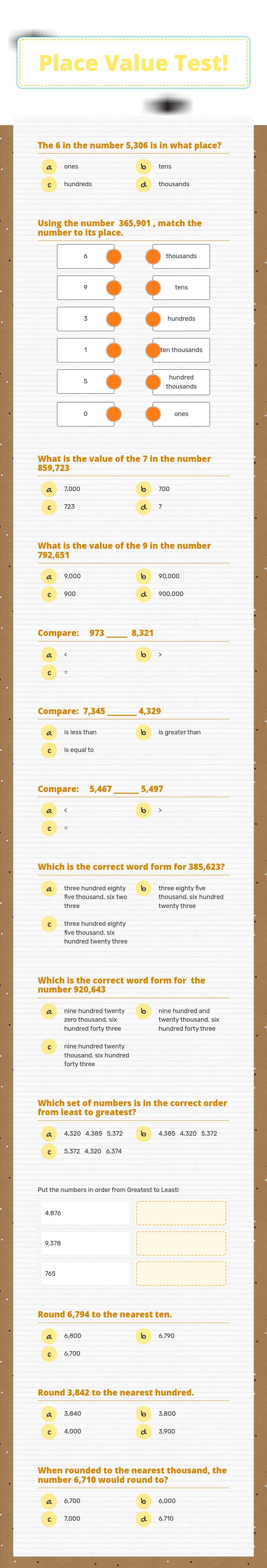Place Value Test! Grade 3 worksheet preview