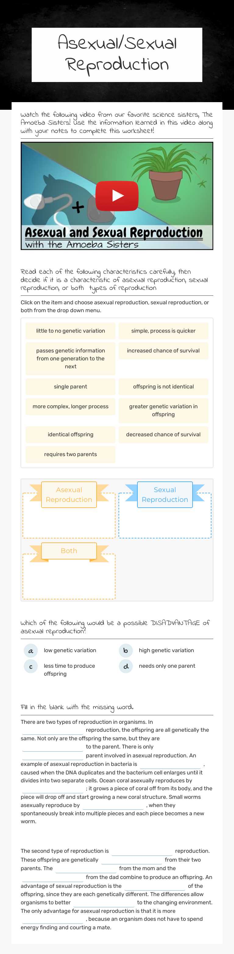 Asexual/Sexual Reproduction worksheet preview image