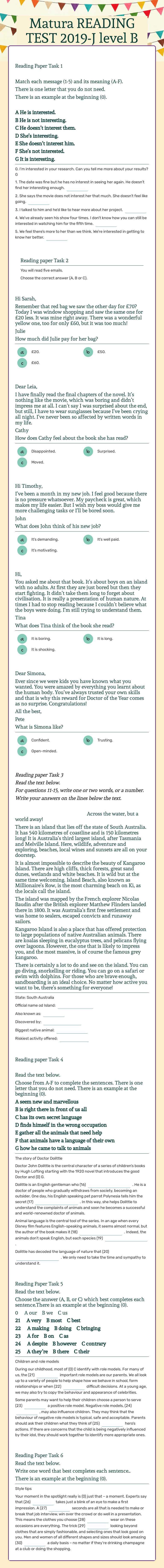 Matura READING TEST 2019-J  level B worksheet preview image