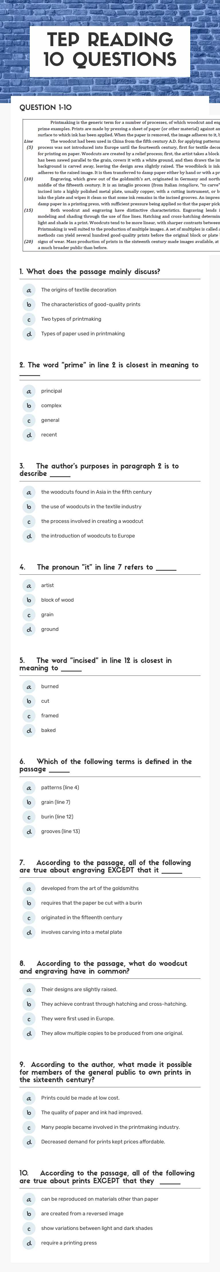 TEP READING 10 QUESTIONS Other worksheet preview