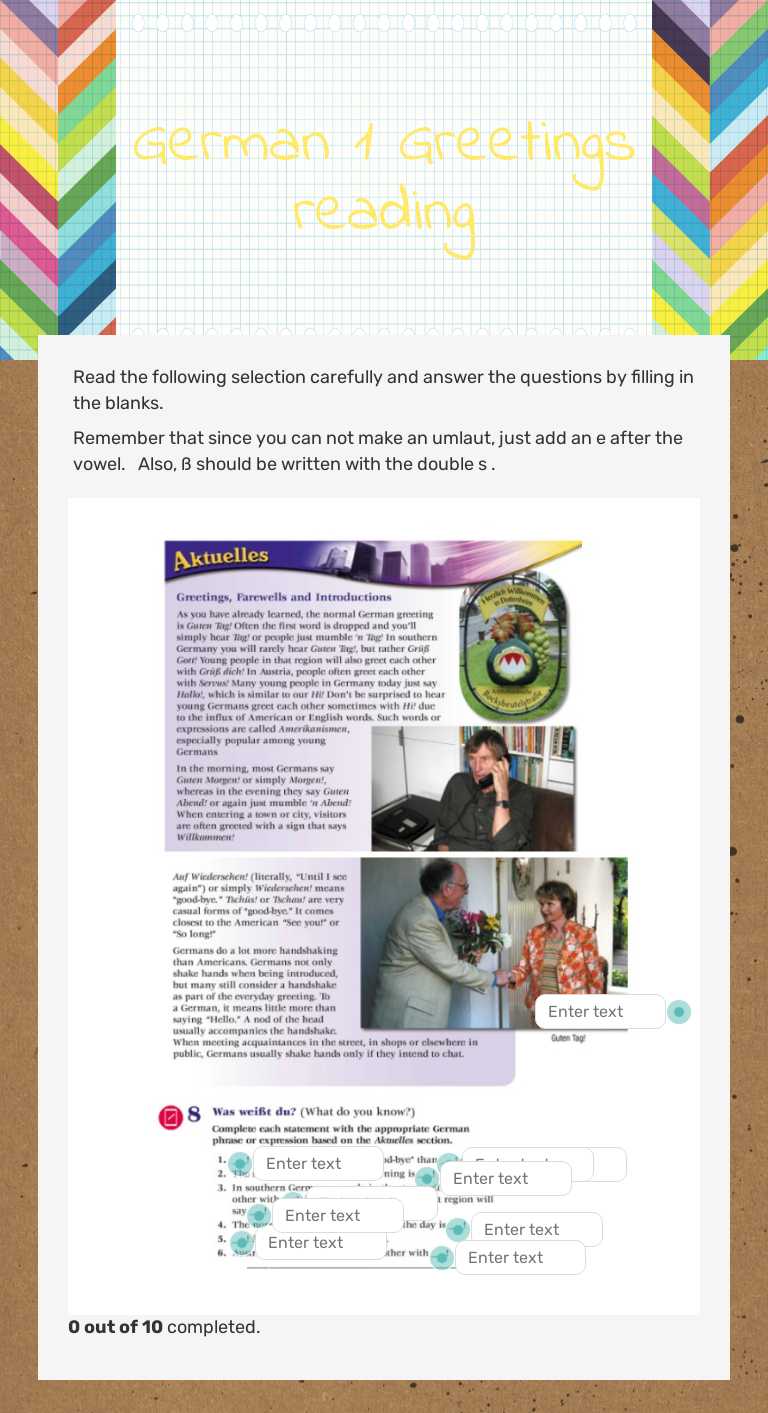 German 1 Greetings reading worksheet preview image