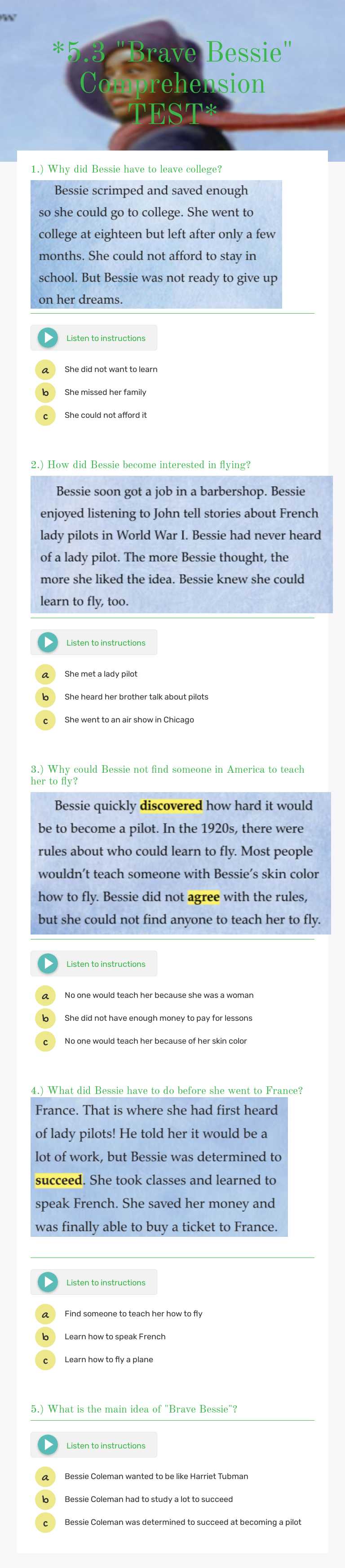 *5.3 "Brave Bessie" Comprehension TEST* Grade 2 worksheet preview