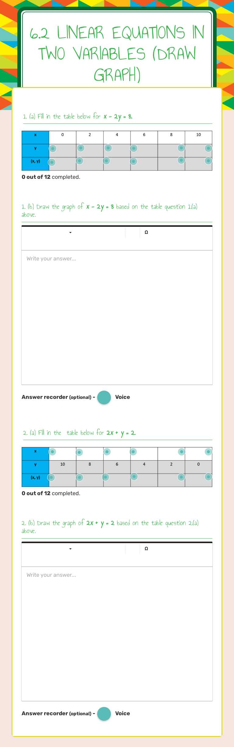 6.2 linear equations in  two variables (draw graph) worksheet preview image