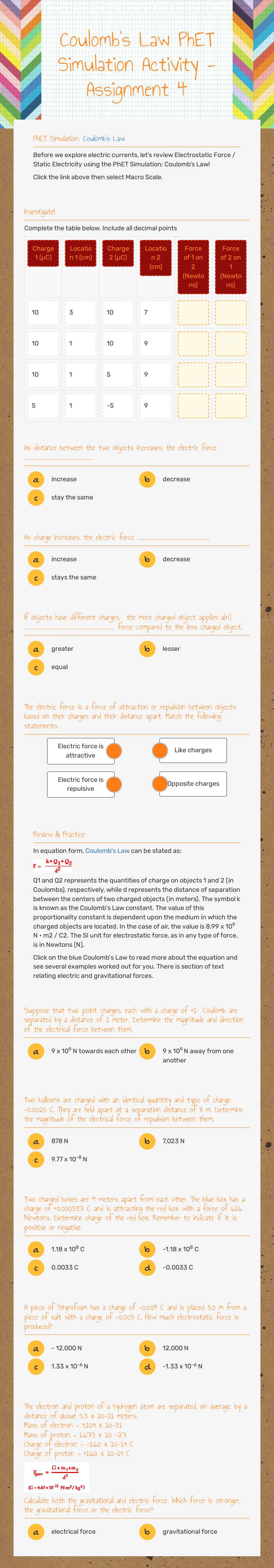 Coulomb's Law PhET Simulation Activity - Assignment 4 worksheet preview image