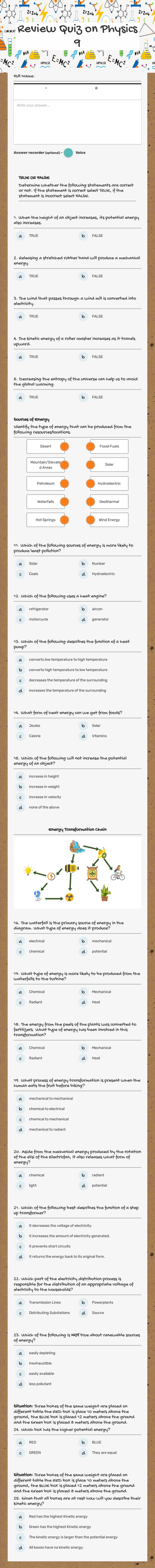 Review Quiz on Physics 9 worksheet preview image