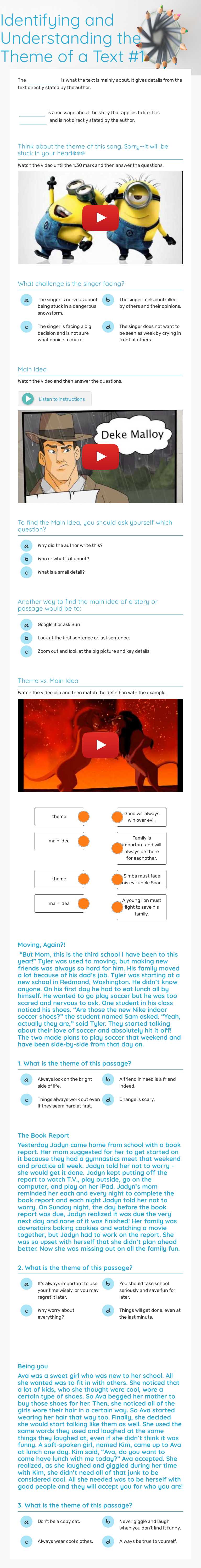 Identifying and Understanding the Theme of a Text #1 worksheet preview image
