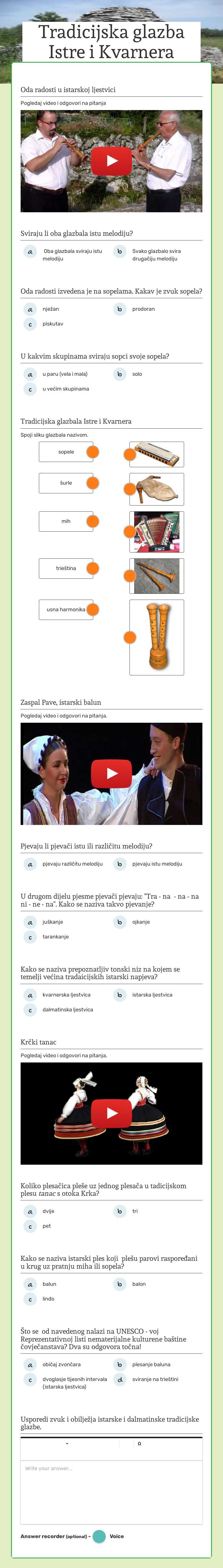 Tradicijska glazba Istre i Kvarnera worksheet preview image