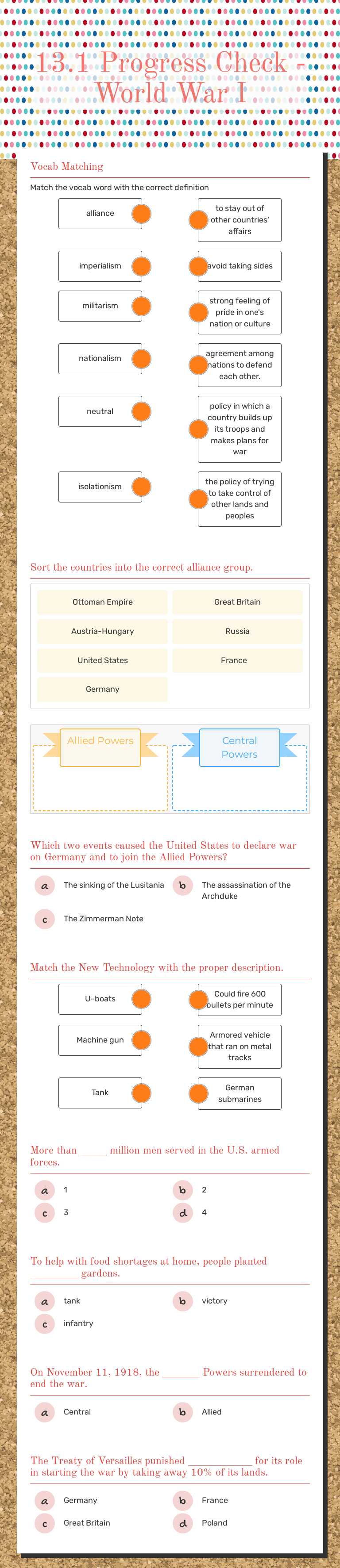 13.1 Progress Check -World War I worksheet preview
