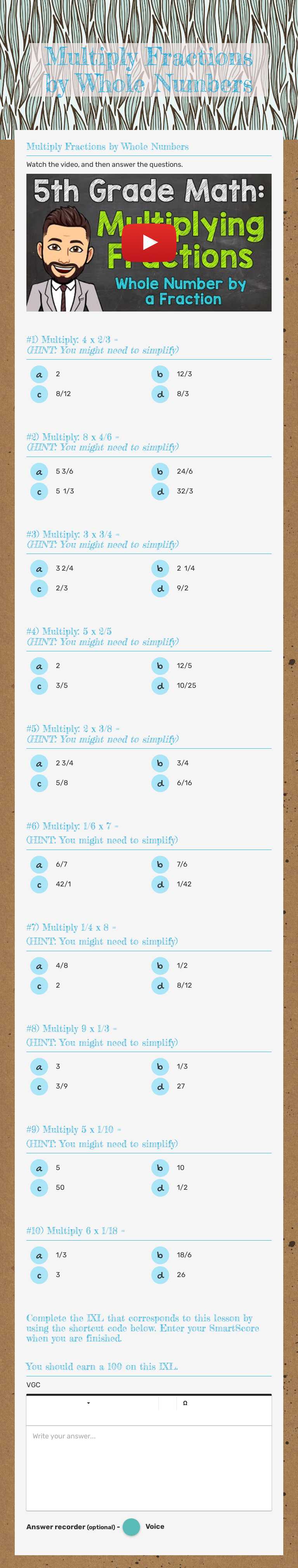 Multiply Fractions by Whole Numbers worksheet preview image