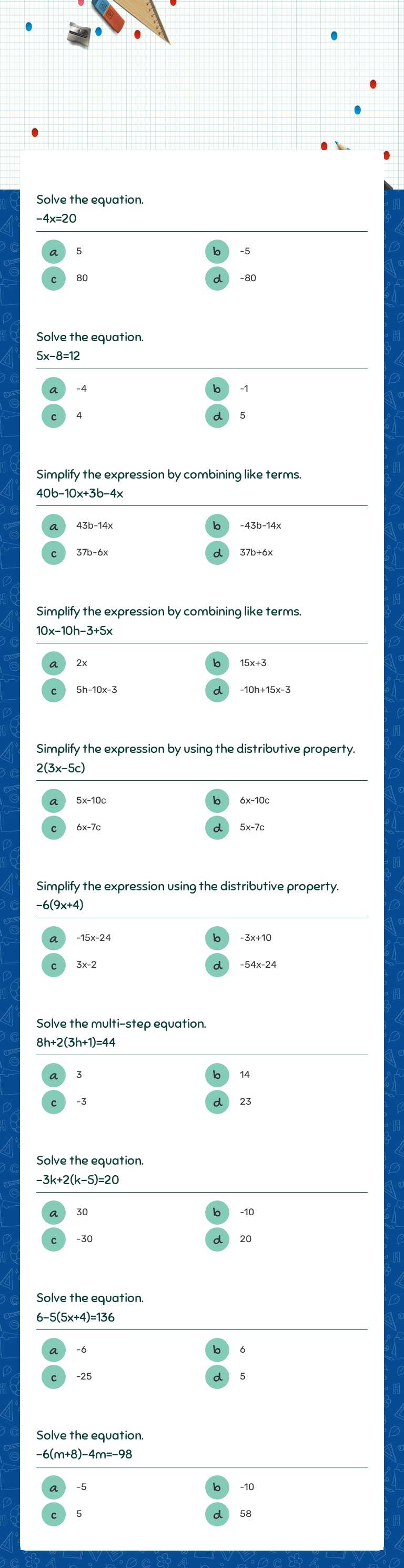 Solving Equations worksheet preview image