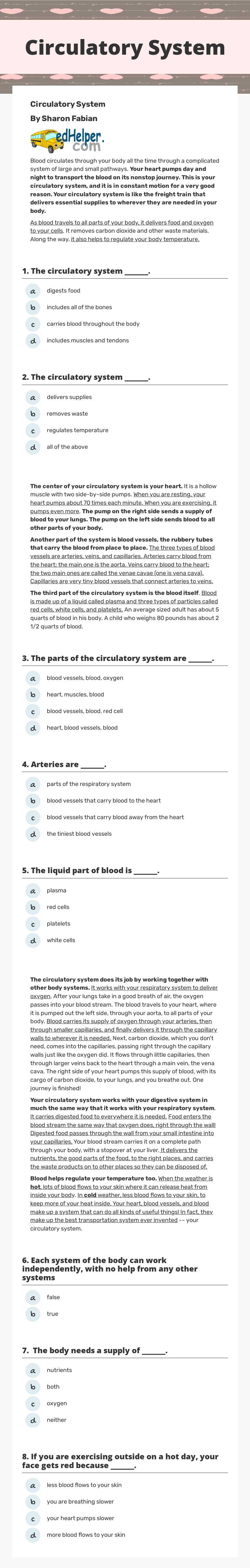 Circulatory System Grade 5 worksheet preview