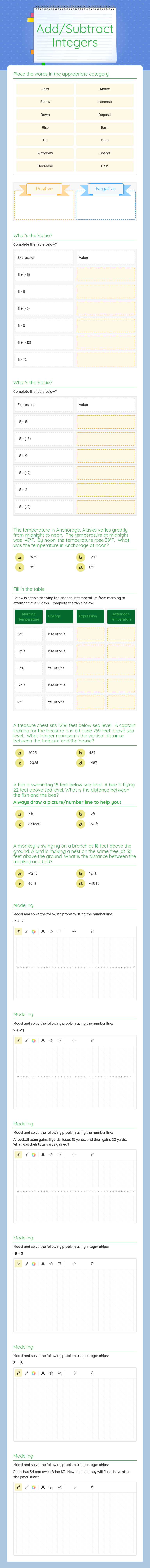 Add/Subtract Integers worksheet preview image