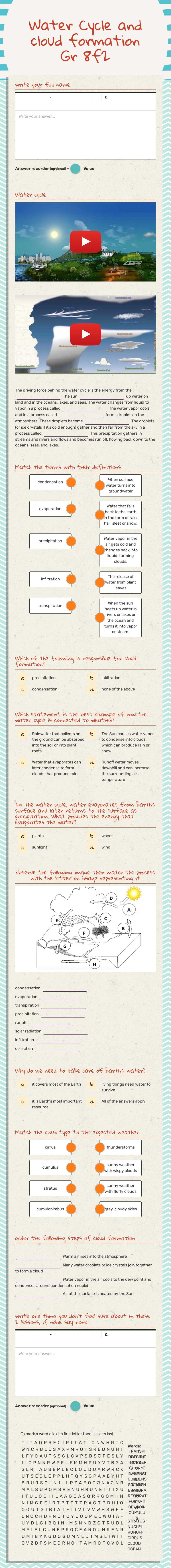 Water Cycle and cloud formation Gr 8f2 worksheet preview image