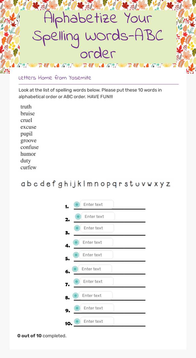 Alphabetize Your Spelling WOrds-ABC order Grade 4 worksheet preview