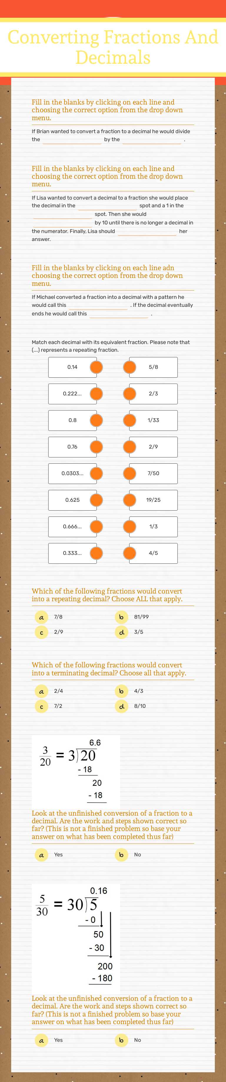 Converting Fractions And Decimals Grade 8 worksheet preview