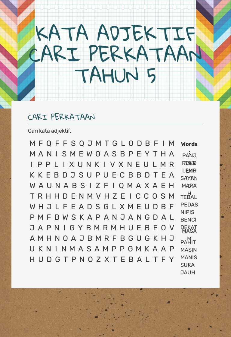 KATA ADJEKTIF  CARI PERKATAAN  TAHUN 5 worksheet preview image
