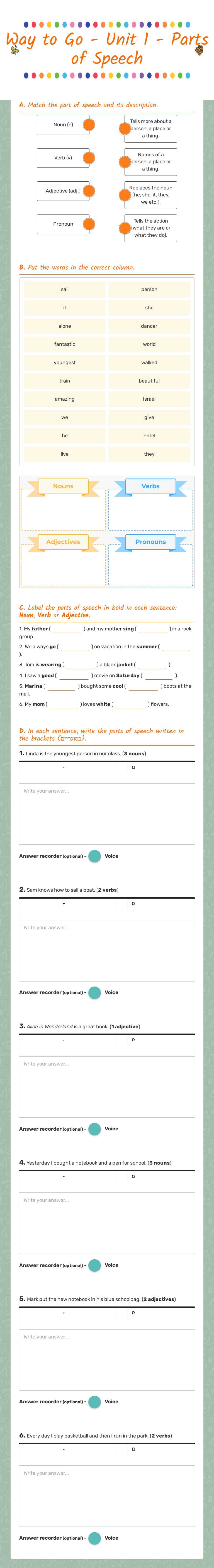 Way to Go - Unit 1 -                  Parts of Speech Grade 7 worksheet preview