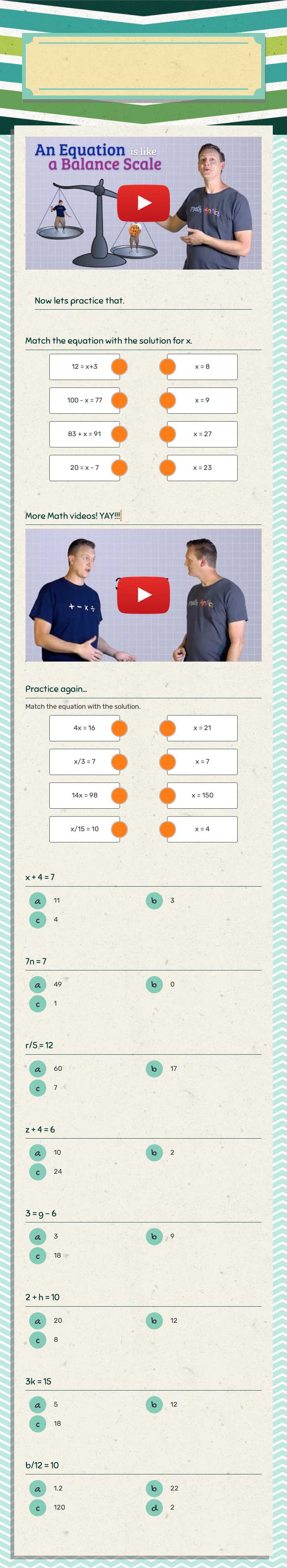 Solving 
One-Step Equations Grade 5 worksheet preview