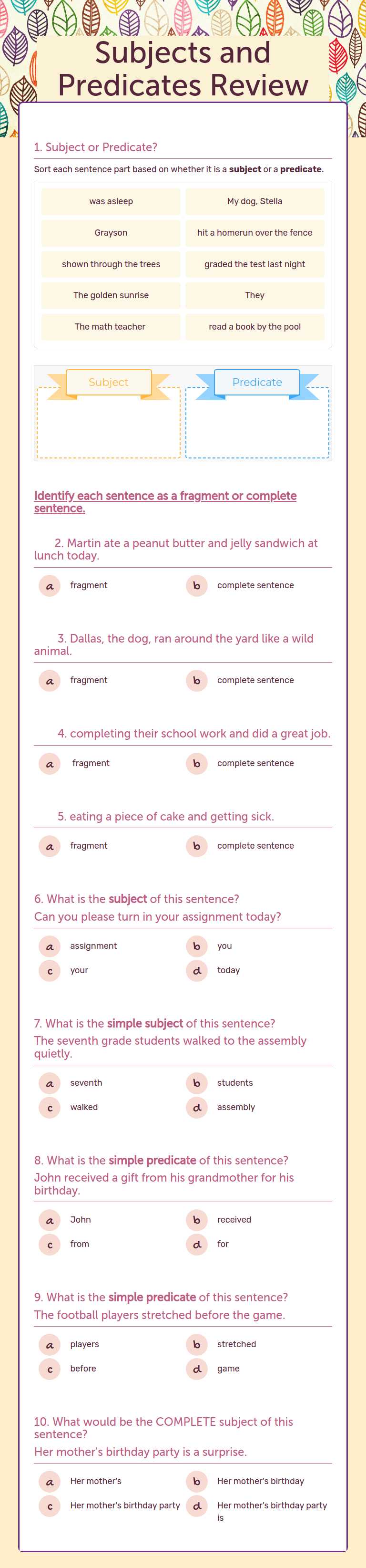 Subjects and Predicates
Review worksheet preview image