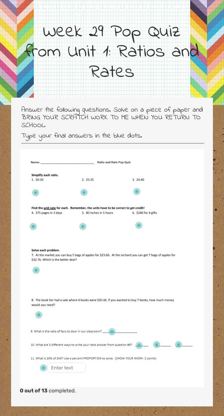 Week 29 Pop Quiz from Unit 1: Ratios and Rates worksheet preview image