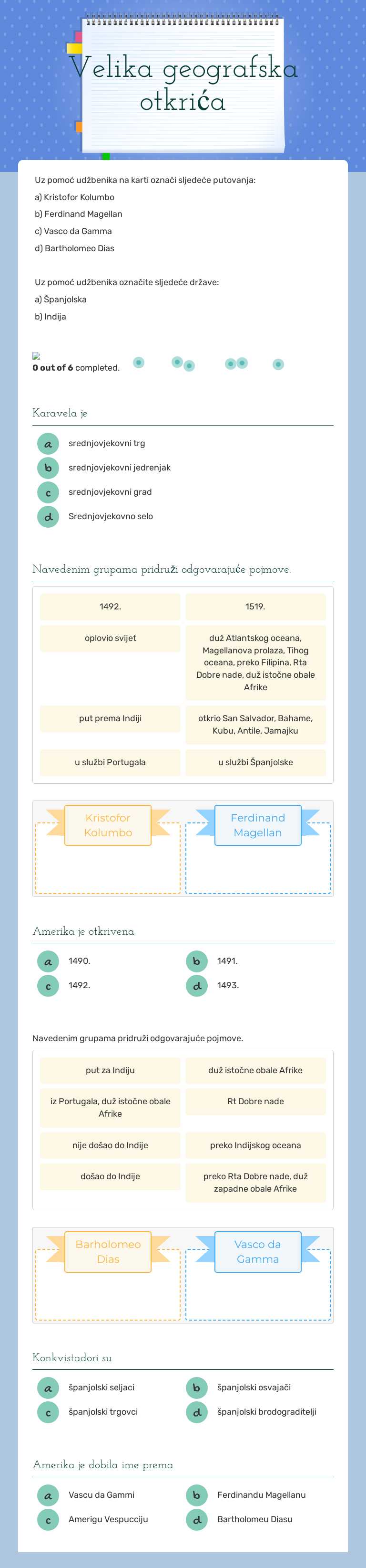 Velika geografska otkrića Grade 6 worksheet preview