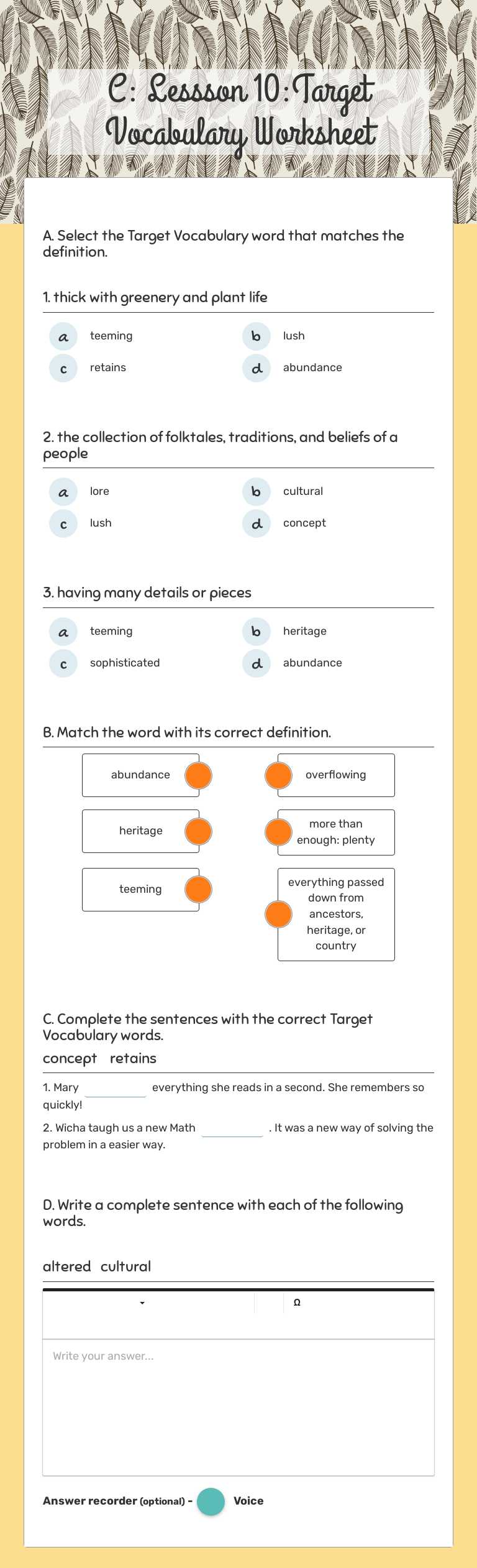 C: Lessson 10:Target Vocabulary Worksheet worksheet preview image