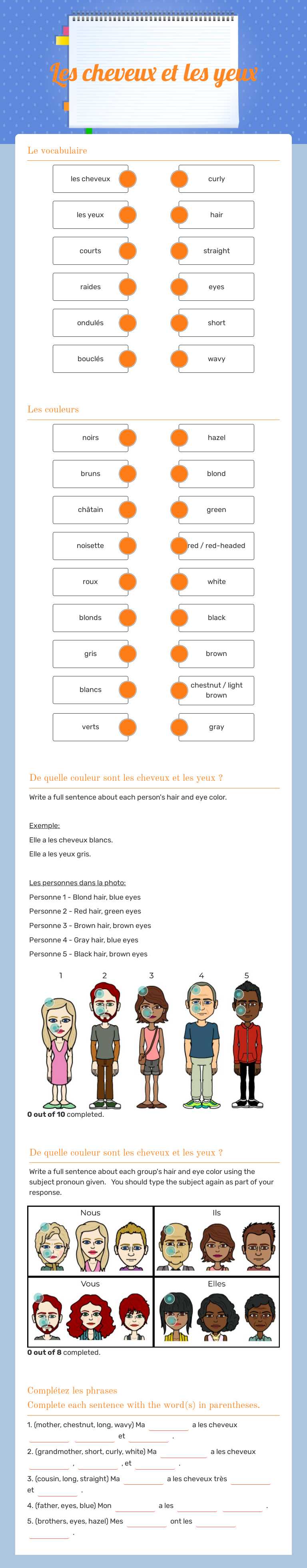 Les cheveux et les yeux worksheet preview image