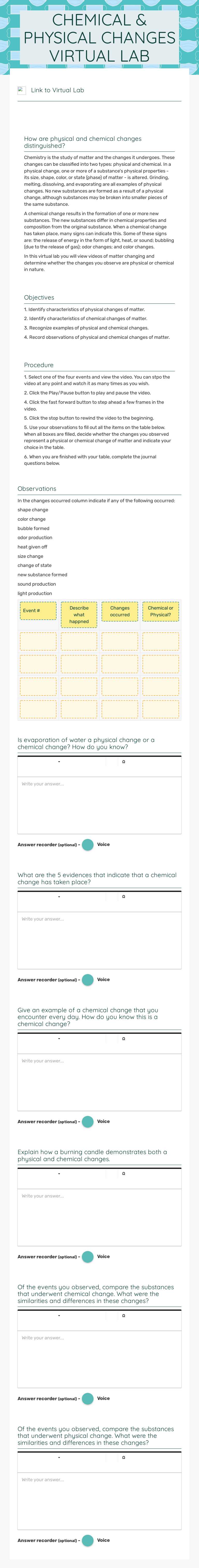 CHEMICAL & PHYSICAL CHANGES VIRTUAL LAB worksheet preview image
