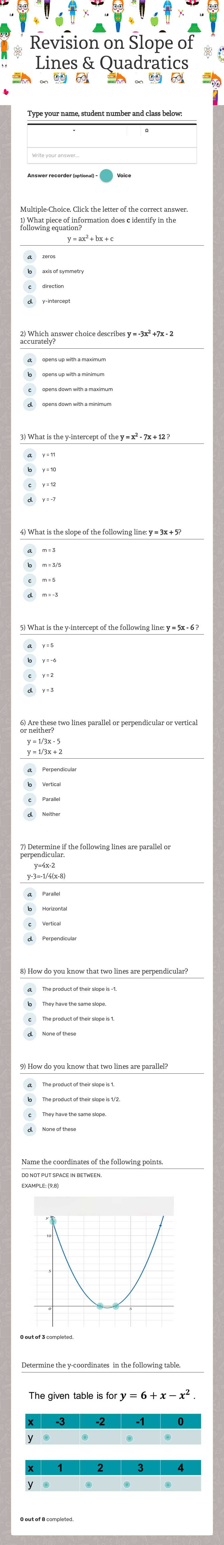Revision on Slope of Lines & Quadratics Grade 9 worksheet preview