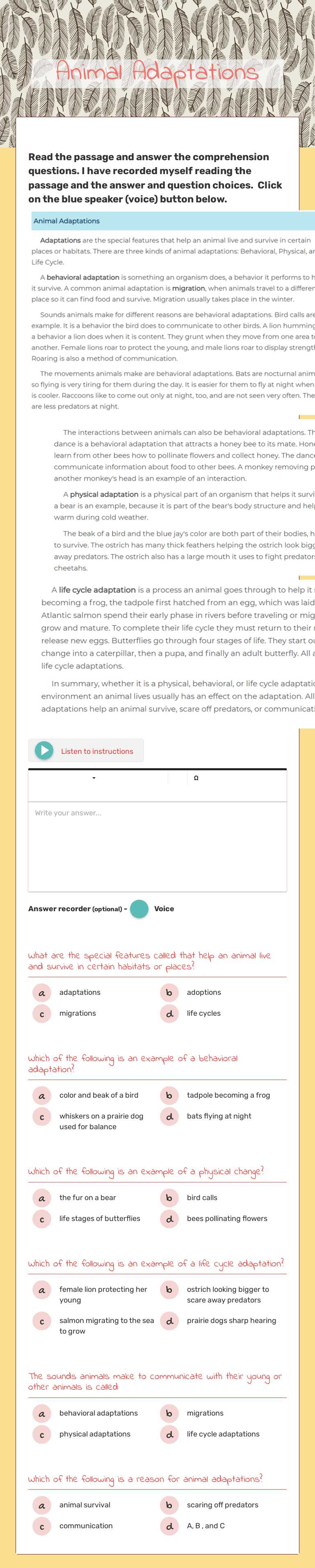 Animal Adaptations worksheet preview image