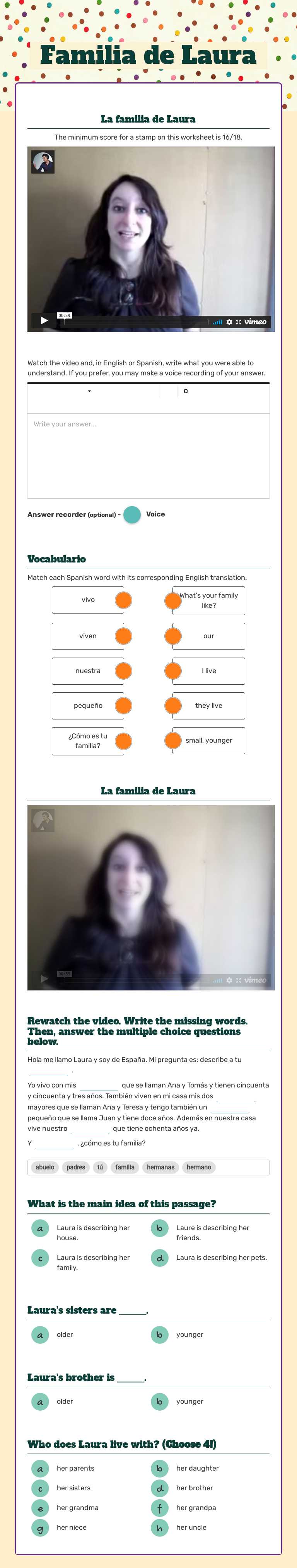 Familia de Laura worksheet preview image