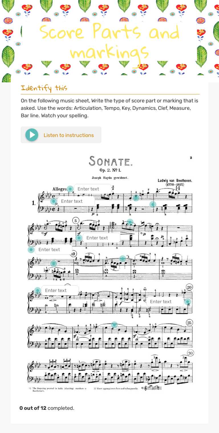 Score Parts and markings worksheet preview image