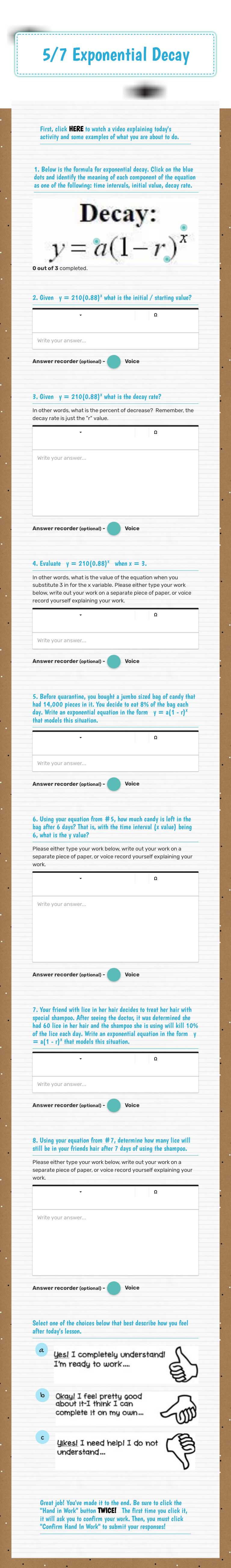5/7 Exponential Decay worksheet preview image