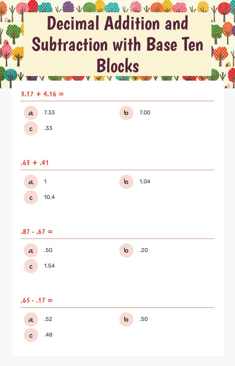Decimal Addition and Subtraction with Base Ten Blocks worksheet preview image