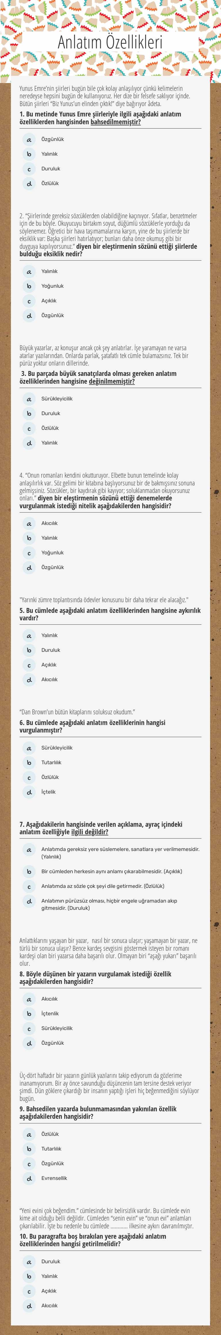 Anlatım Özellikleri worksheet preview image