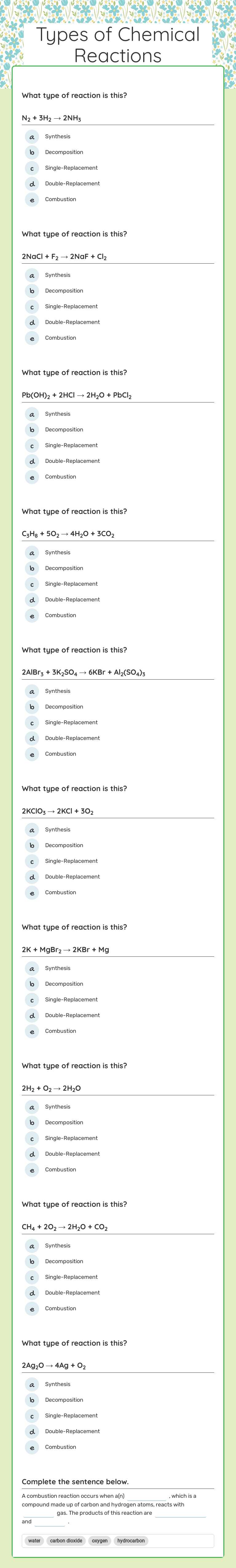Types of Chemical Reactions worksheet preview image