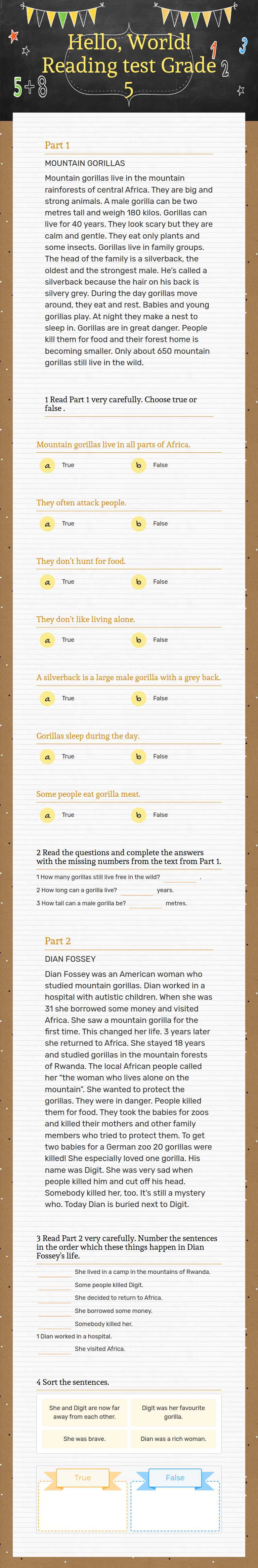 Hello, World! 
 Reading test Grade 5 Grade 5 worksheet preview
