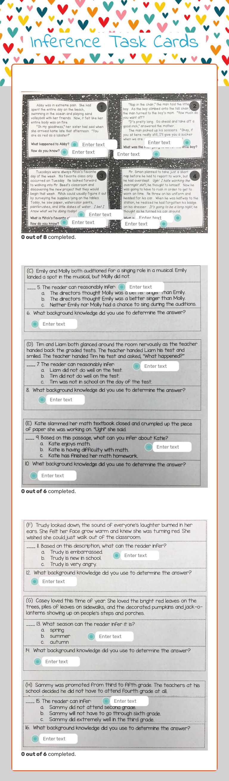 Inference Task Cards worksheet preview image
