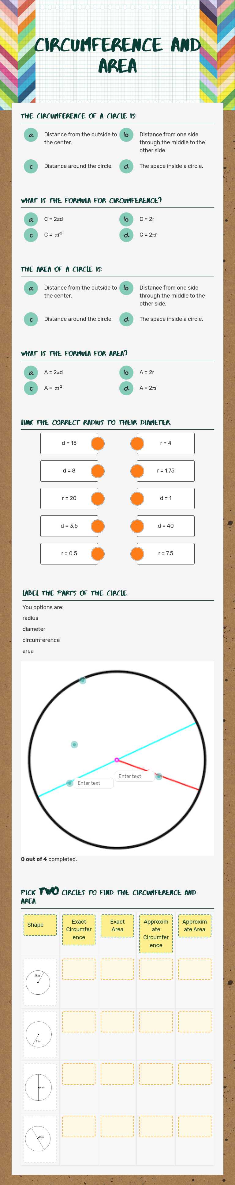 Circumference and Area worksheet preview image