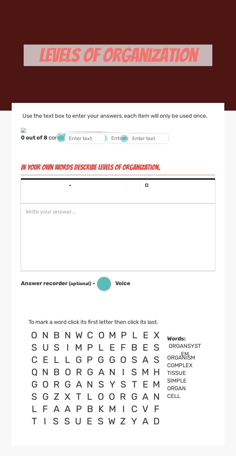LeVels of Organization worksheet preview image