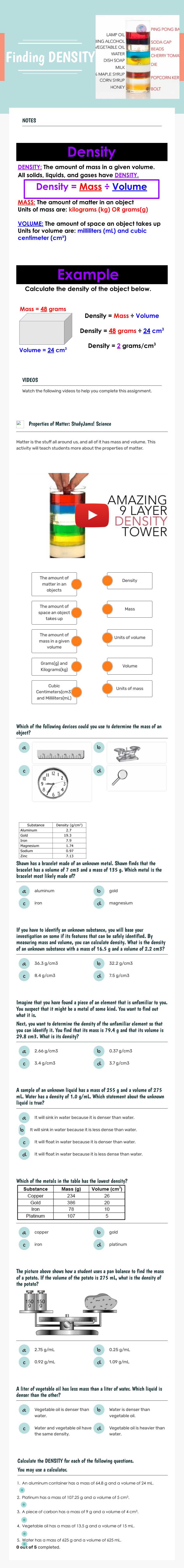 Finding
DENSITY Grade 6 worksheet preview