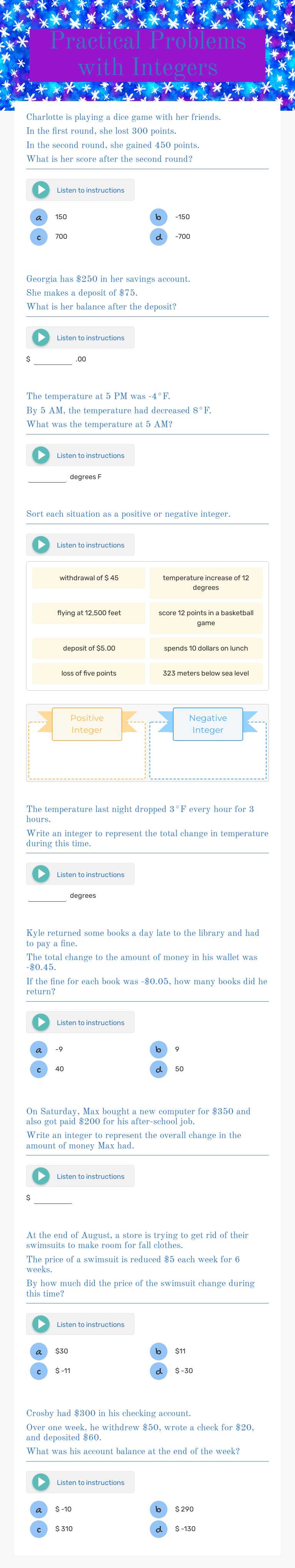 Practical Problems with Integers worksheet preview image