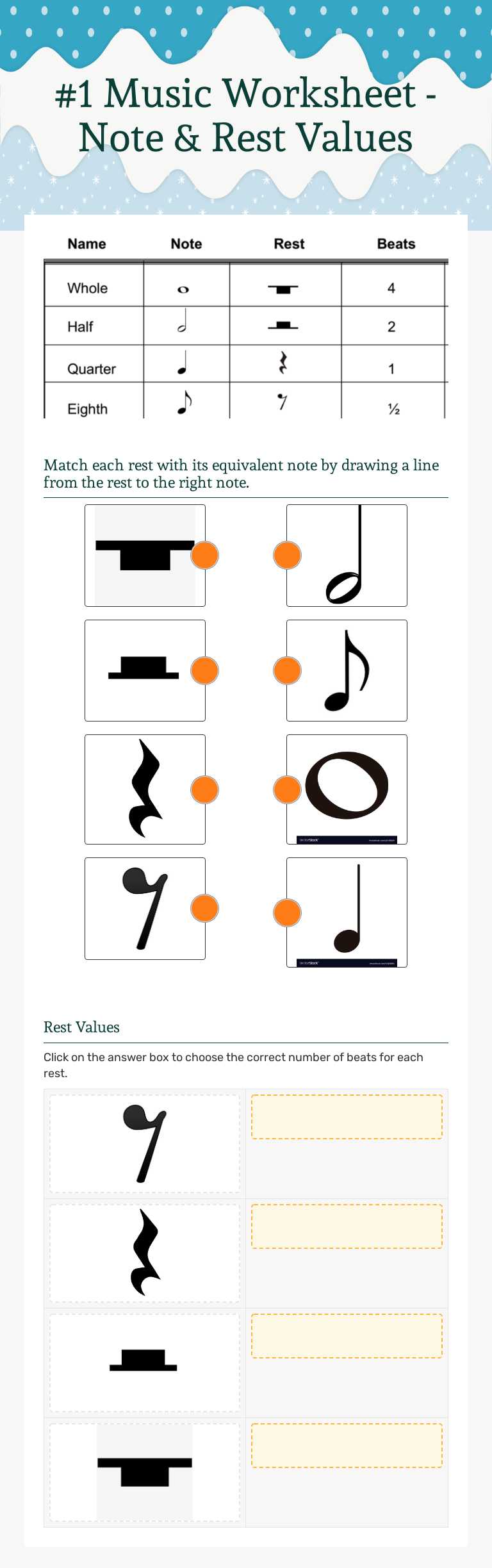 #1 Music Worksheet - Note & Rest Values worksheet preview image