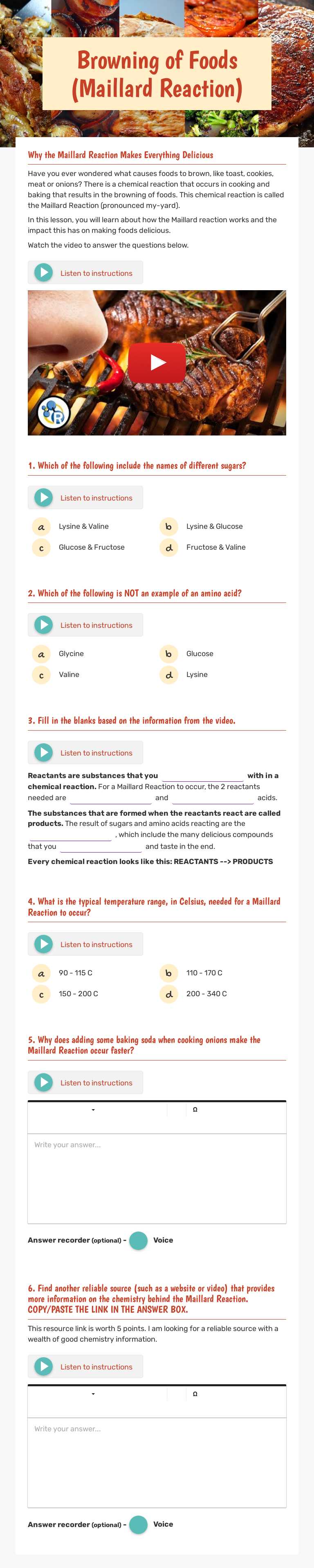 Browning of Foods (Maillard Reaction) worksheet preview image