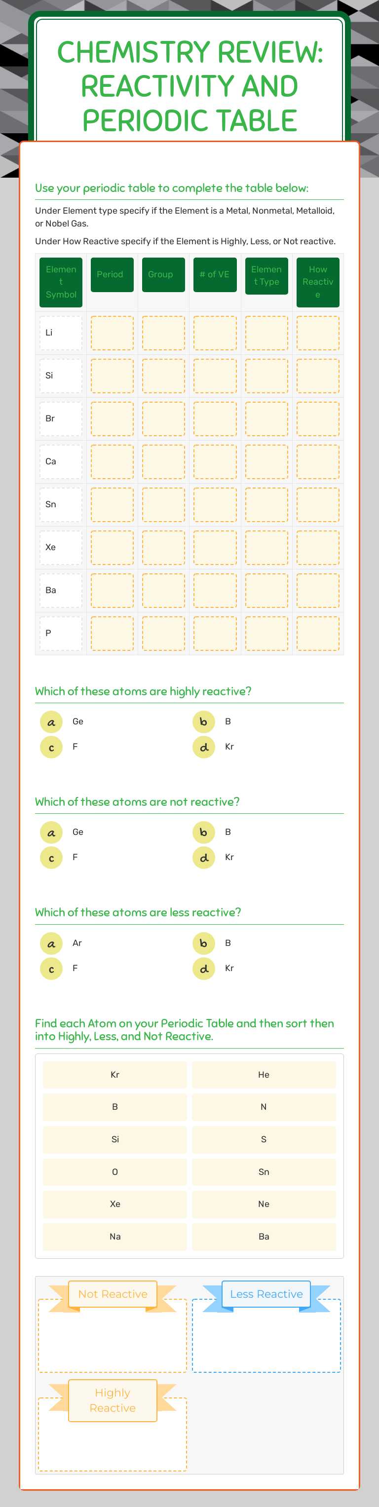 Chemistry Review: REACTIVITY and Periodic Table Grade 8 worksheet preview