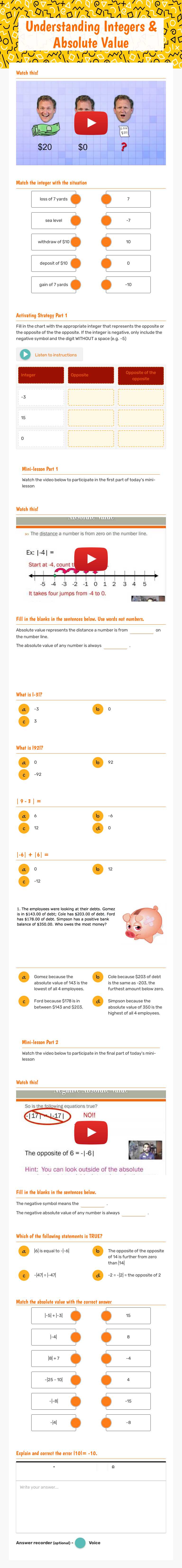 Understanding Integers & Absolute Value worksheet preview image