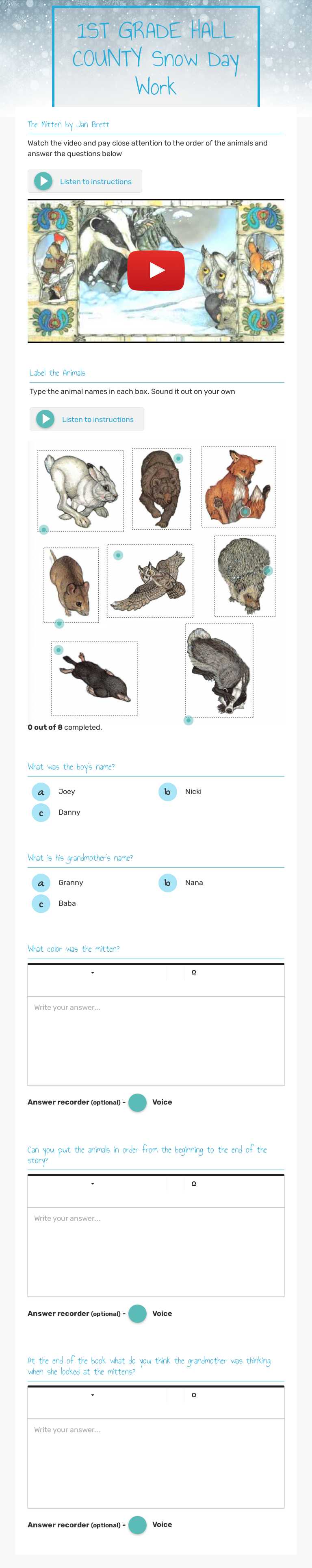 1ST GRADE HALL COUNTY Snow Day Work worksheet preview image