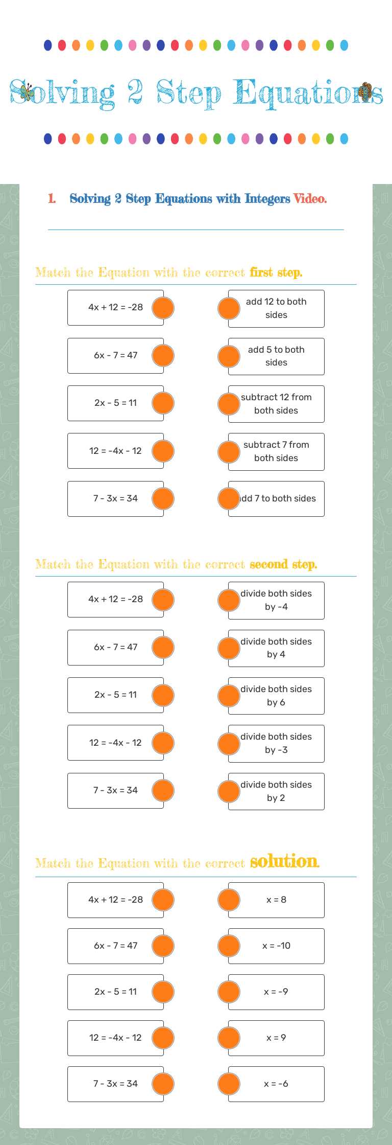 Solving 2 Step Equations worksheet preview image